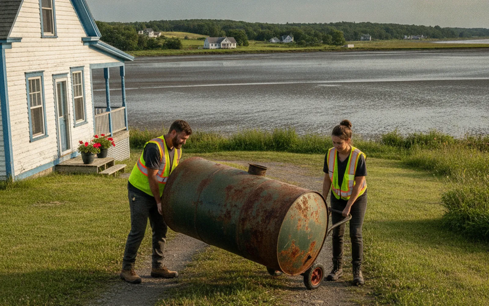 Old heating oil tank being removed from a basement