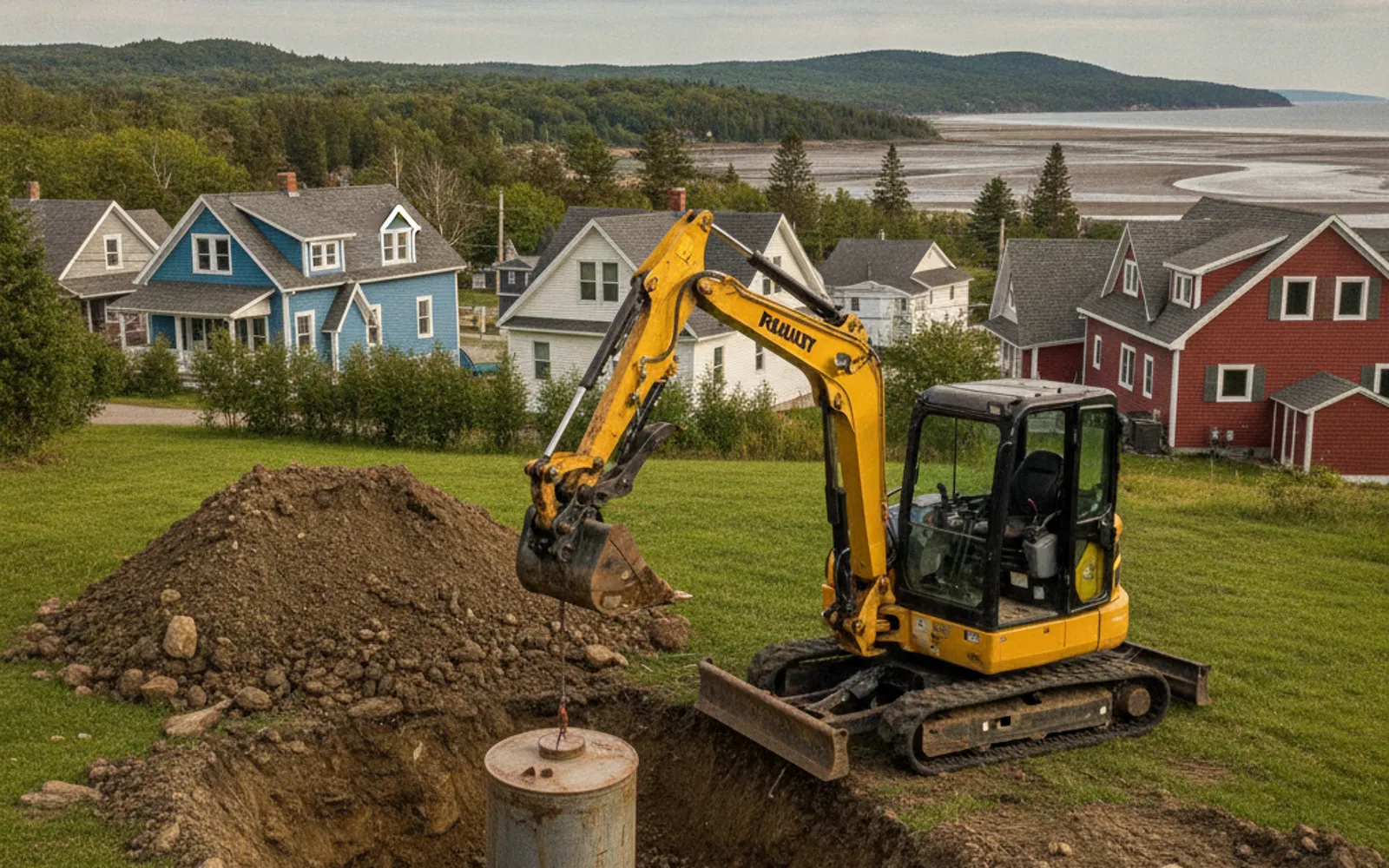Excavator digging out a buried oil tank in a backyard