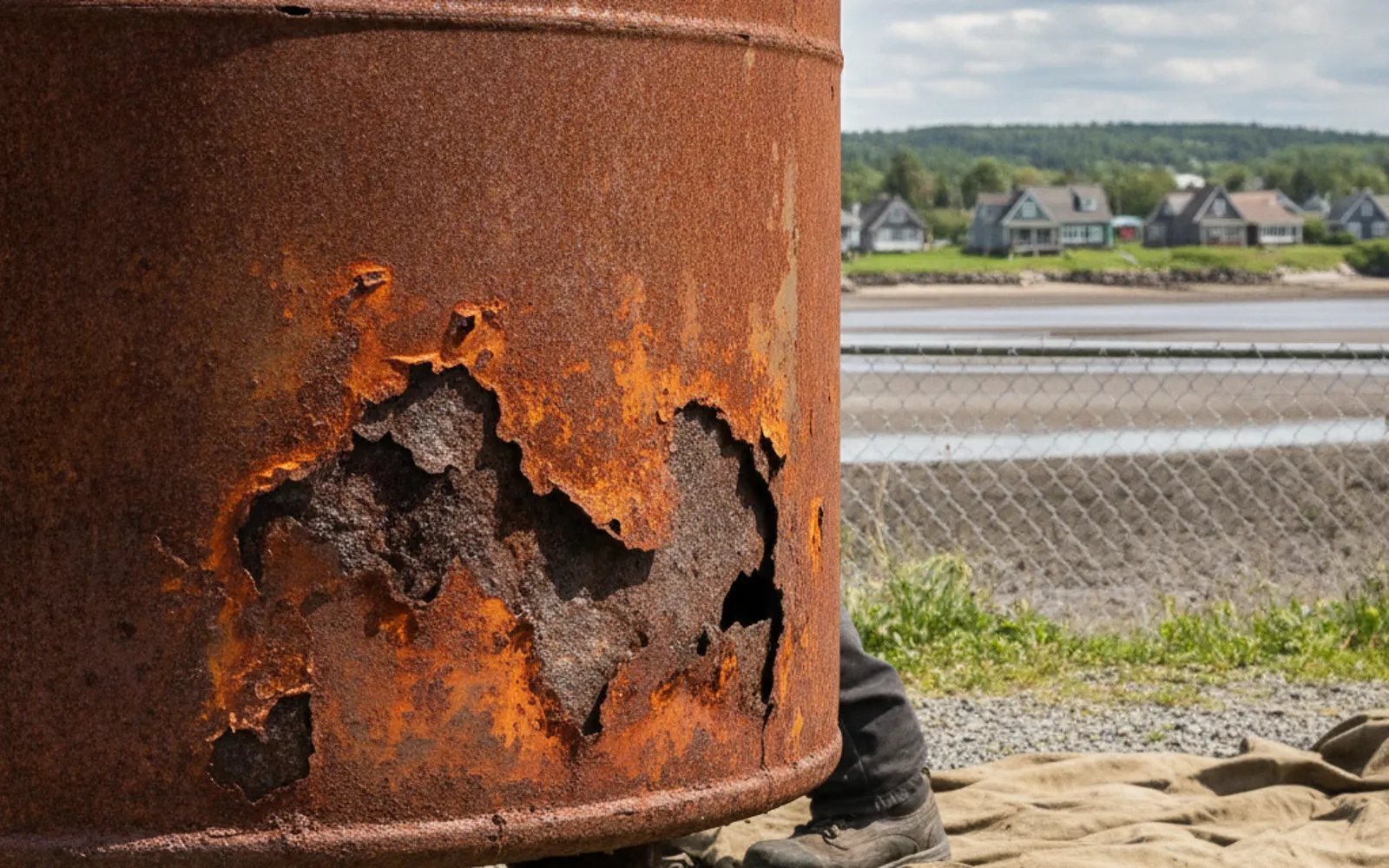 Rust patches and pitting on the bottom of a steel oil tank